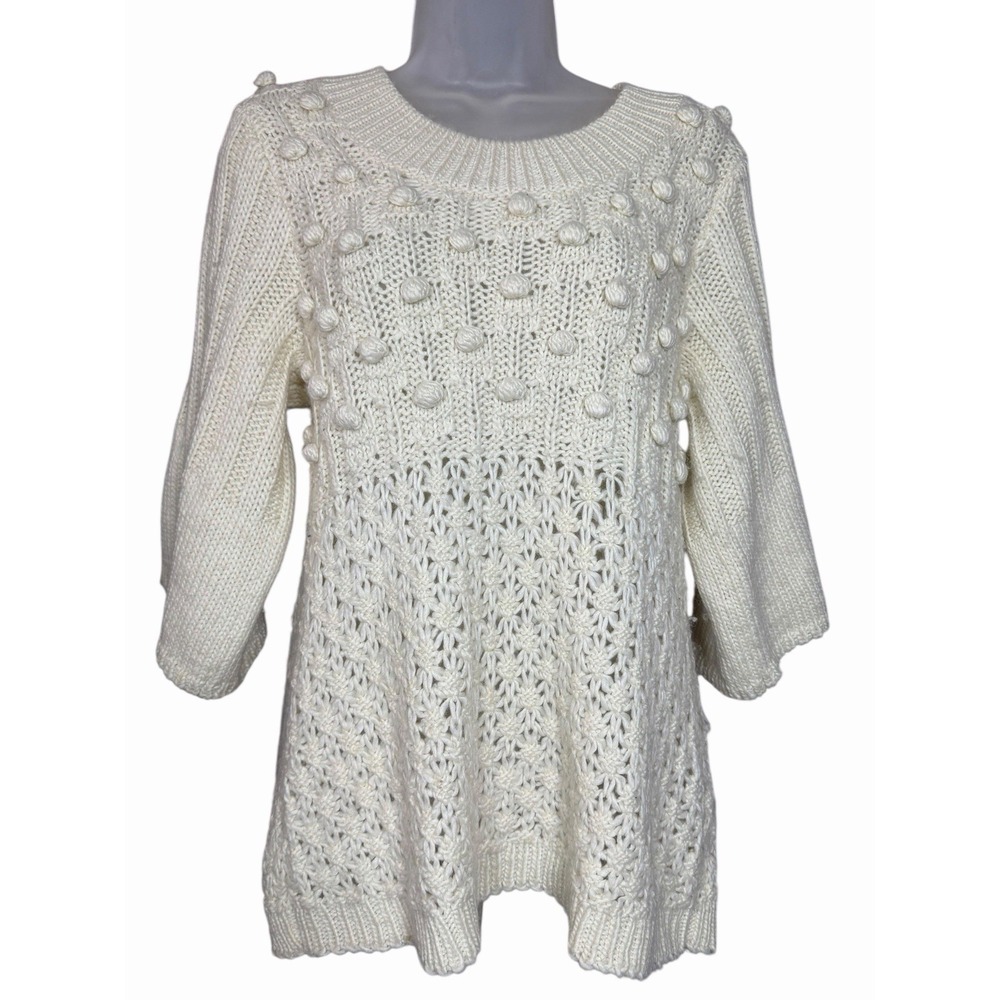 Sundance M Cream Knit Sweater Bobble Detail Crochet Boho‎ Feminine Cottage Wool